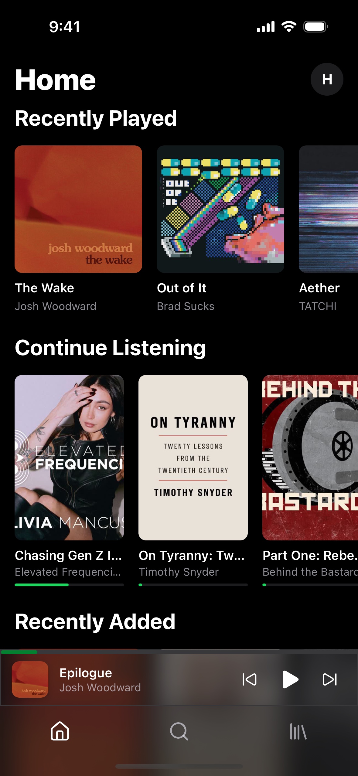 Headroom home screen with recently played, added, and liked albums